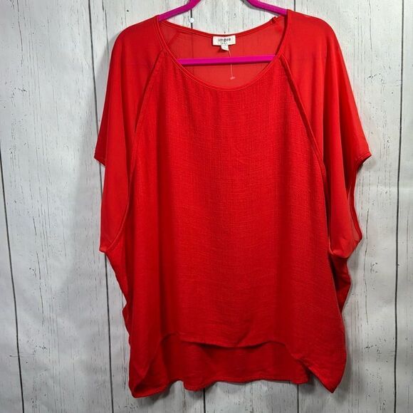 Umgee Linen Blend Boho Dolman Neon Orange High Low Minimalist Top Blouse - Picture 1 of 12